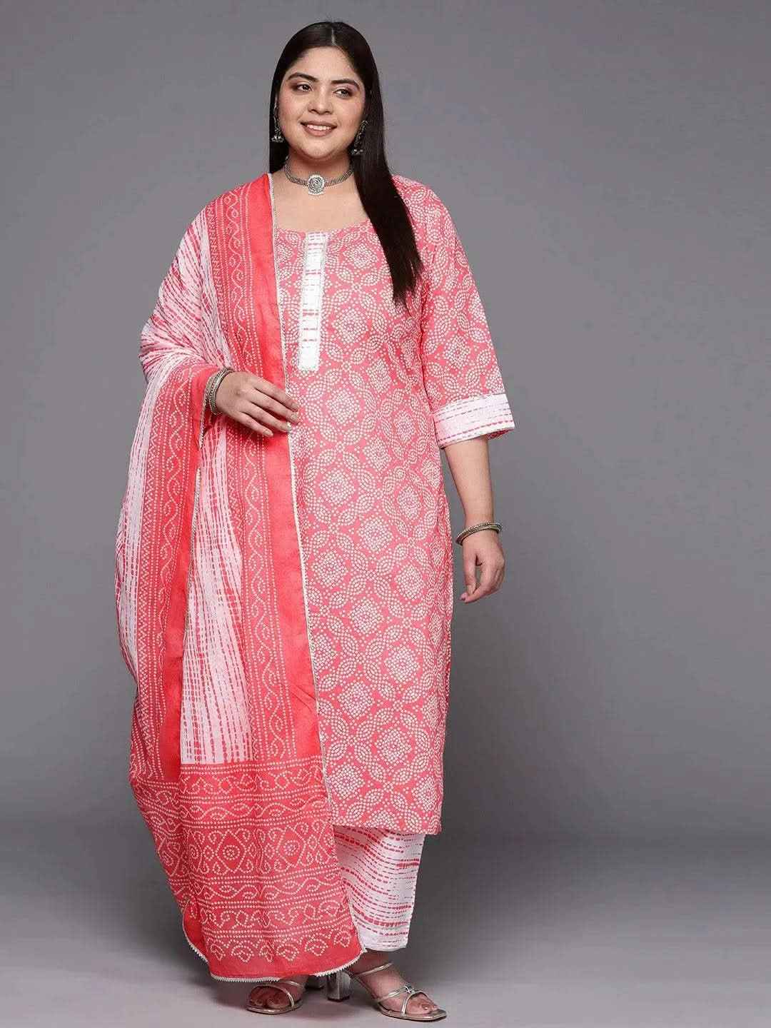 Plus Size Peach Printed Cotton Straight Kurta With Trousers & Dupatta