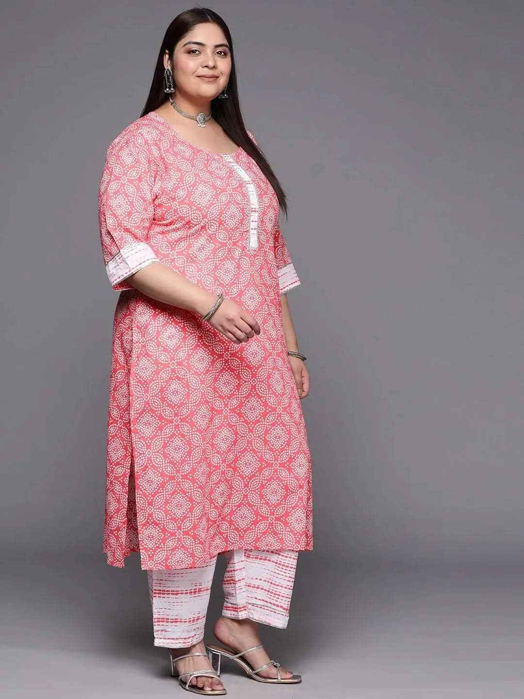 Plus Size Peach Printed Cotton Straight Kurta With Trousers & Dupatta