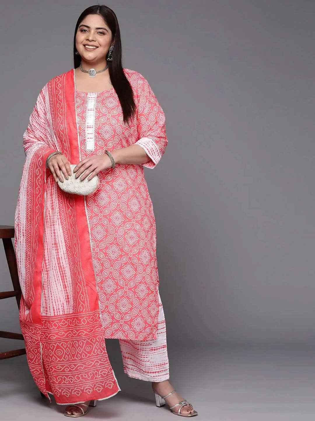 Plus Size Peach Printed Cotton Straight Kurta With Trousers & Dupatta