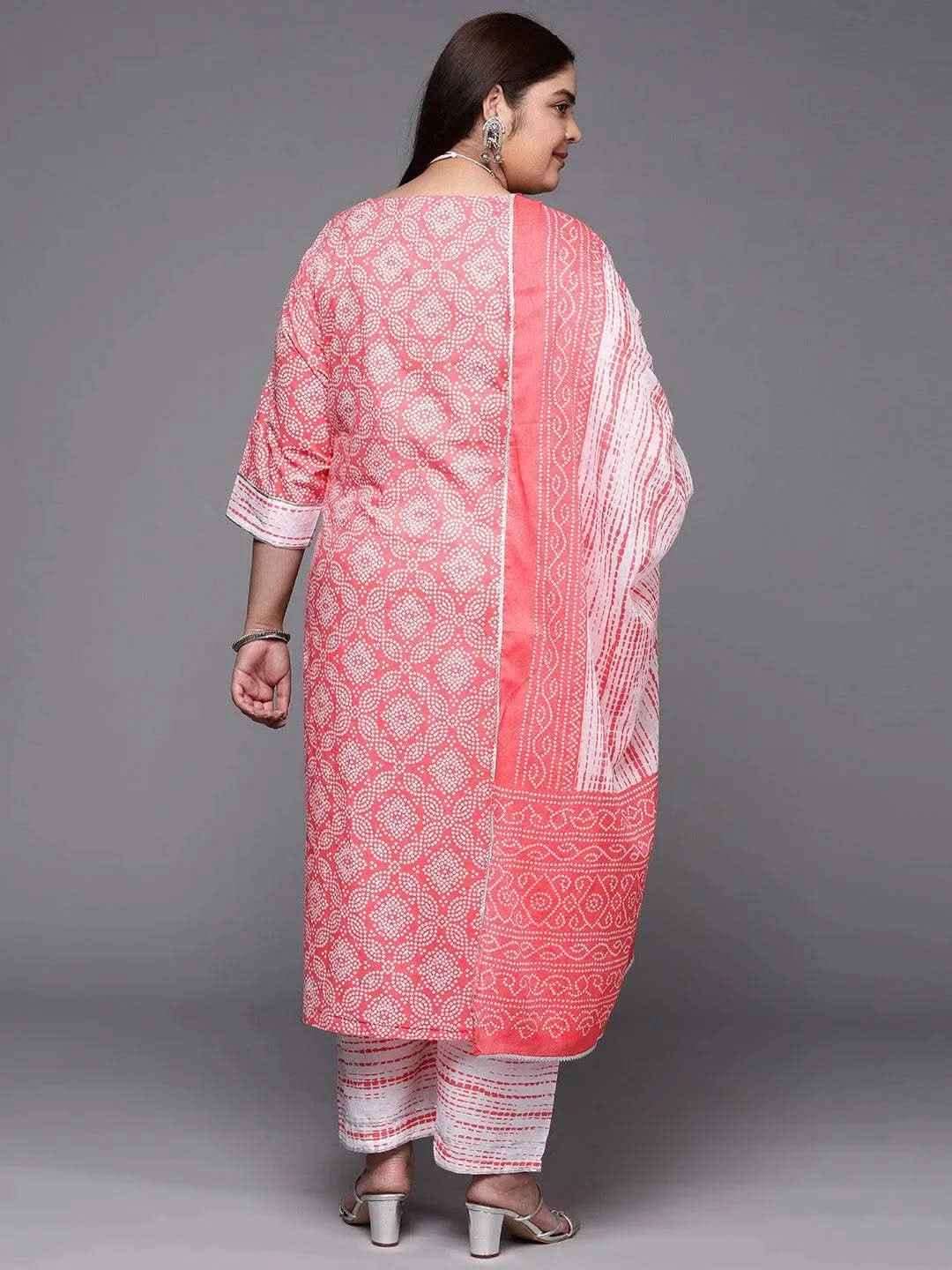 Plus Size Peach Printed Cotton Straight Kurta With Trousers & Dupatta