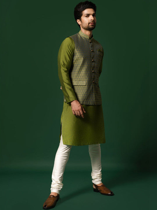 KISAH Men Geometric Kurta Nehru Jacket Churidar Set