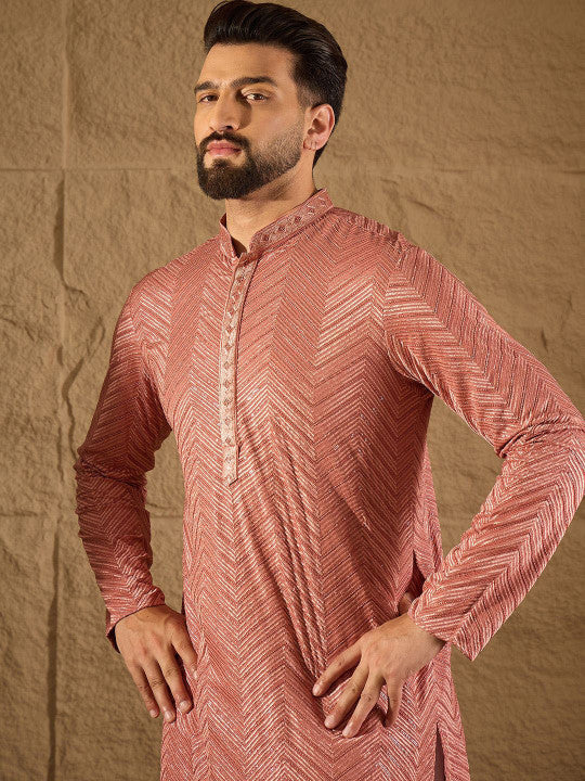 House of Pataudi Chevron Embroidered Mandarin Collar Straight Kurta With Trousers