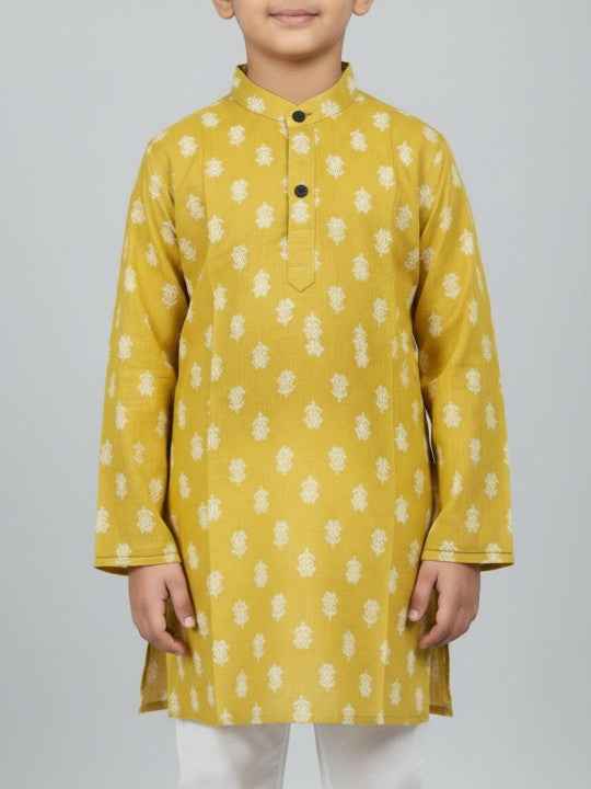Boys Printed Cotton Mandarin Collar Straight Kurta Set