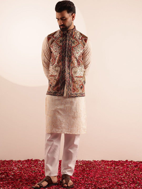 SOJANYA Floral Embroidered Cotton Silk Straight Kurta With Pyjama & Nehru Jacket
