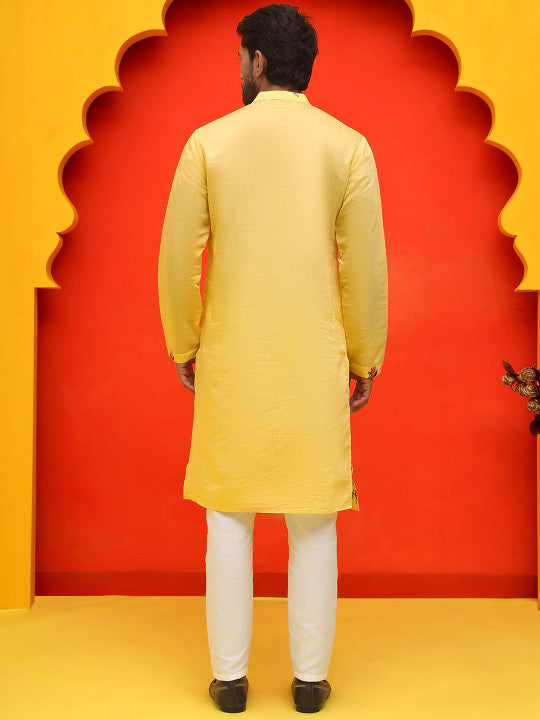 Jompers Floral Embroidered Mandarin Collar Thread Work Straight Kurta With Pyjamas