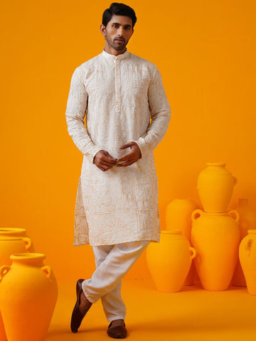 SOJANYA Men Floral Embroidered Regular Kantha Work Kurta with Pyjamas