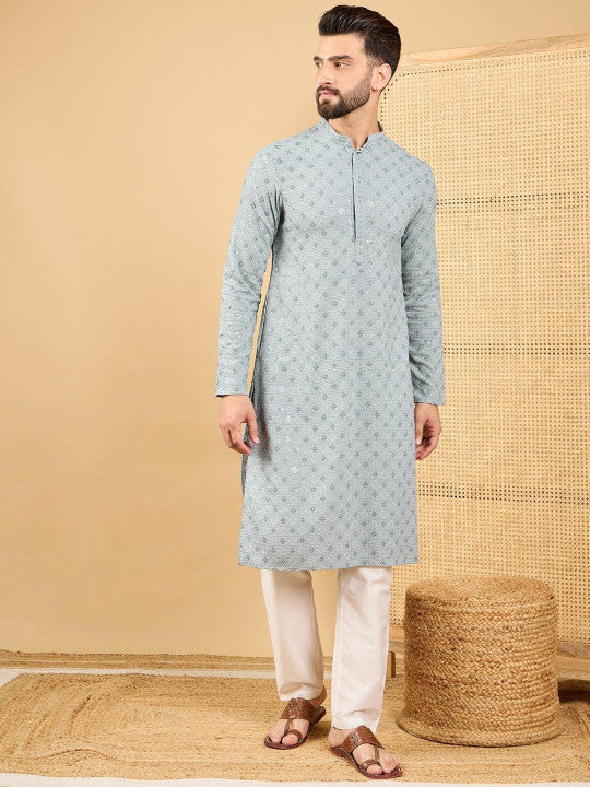 House of Pataudi Men Embroidered Straight Kurta & Trousers