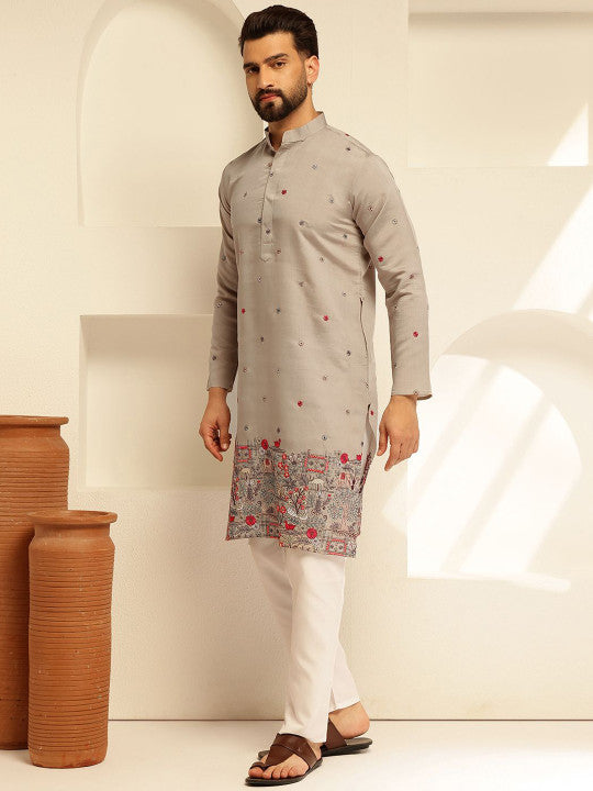 SOJANYA Men Floral Embroidered Regular Thread Work Kurta with Pyjamas