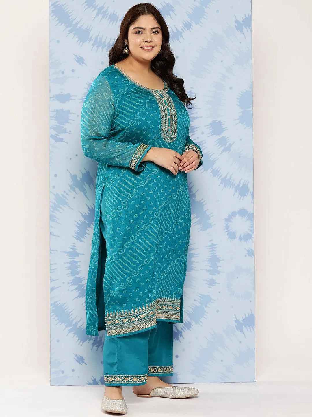 Turquoise Blue Printed Chiffon Straight Kurta With Trousers and Dupatta