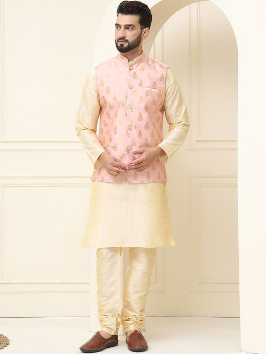 SOJANYA Mandarin Collar Silk Cotton Kurta With Churidar & Woven Design Nehru Jacket