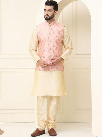 SOJANYA Mandarin Collar Silk Cotton Kurta With Churidar & Woven Design Nehru Jacket