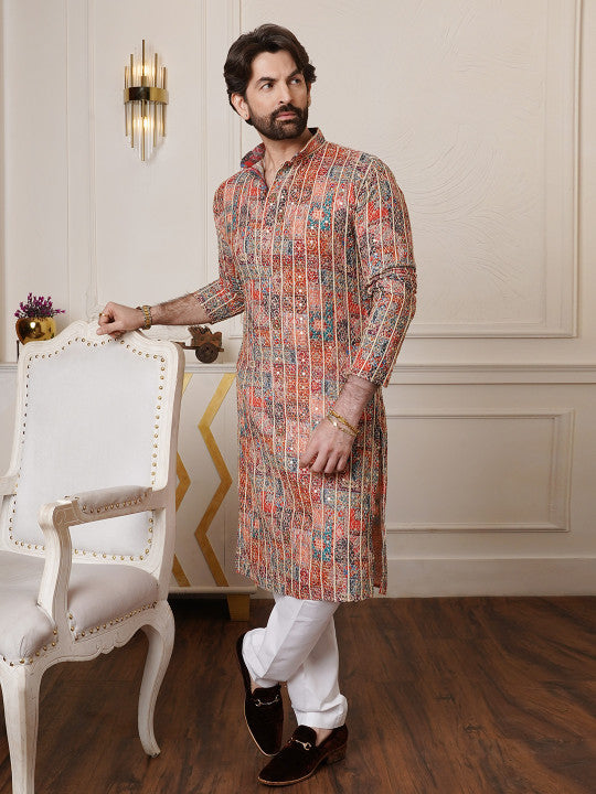 SOJANYA Floral Embroidered Mandarin Collar Sequinned Cotton Silk Kurta With Pyjamas