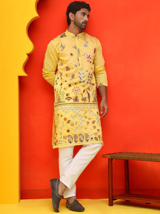 Jompers Floral Embroidered Mandarin Collar Thread Work Straight Kurta With Pyjamas