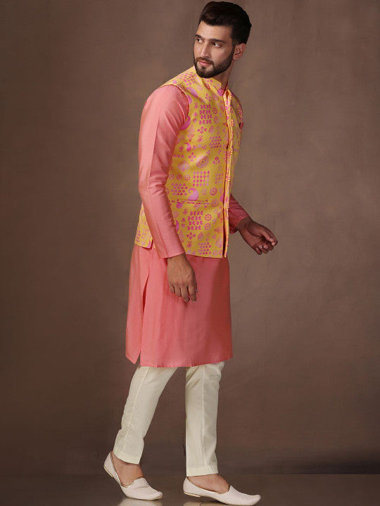 KISAH Men Printed Kurta Nehru Jacket Trouser Set