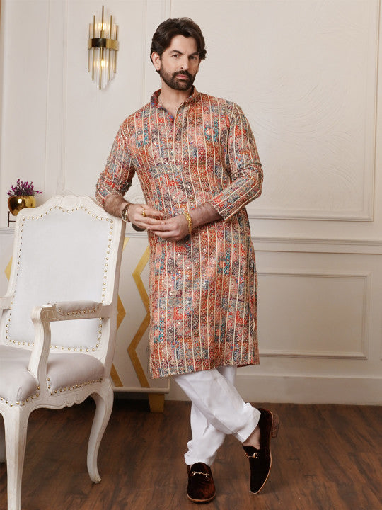 SOJANYA Floral Embroidered Mandarin Collar Sequinned Cotton Silk Kurta With Pyjamas