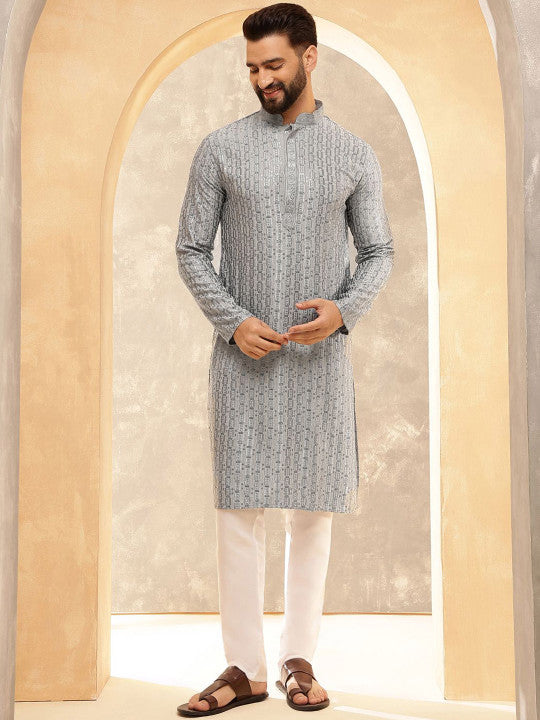 SOJANYA Ethnic Motifs Embroidered Mandarin Collar Sequinned Straight Kurta With Pyjamas