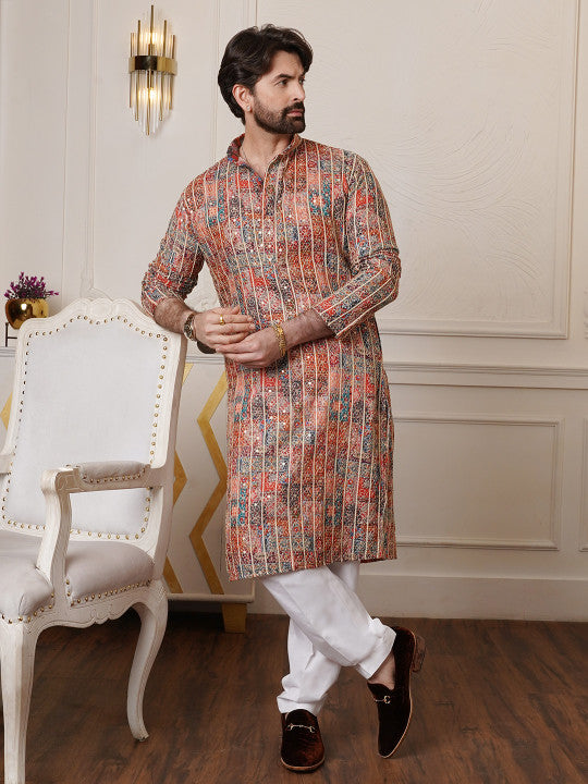 SOJANYA Floral Embroidered Mandarin Collar Sequinned Cotton Silk Kurta With Pyjamas