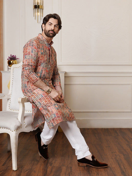 SOJANYA Floral Embroidered Mandarin Collar Sequinned Cotton Silk Kurta With Pyjamas