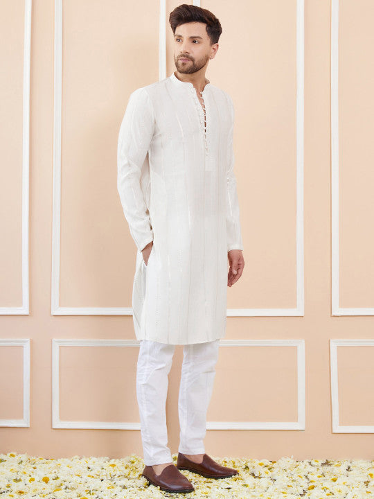 Striped Embroidered Thread Work Chanderi Silk Straight Kurta With Pyjamas