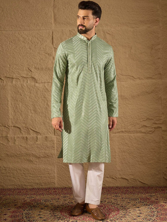 House of Pataudi Chevron Embroidered Mandarin Collar Straight Kurta & Trousers